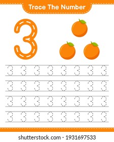 Trace the number. Tracing number with Orange. Educational children game, printable worksheet, vector illustration