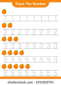Rastrear el número. Número de seguimiento con Orange. Juego infantil educativo, hoja de cálculo imprimible, ilustración vectorial