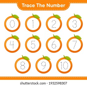 Rastrear el número. Número de seguimiento con Orange. Juego infantil educativo, hoja de cálculo imprimible, ilustración vectorial