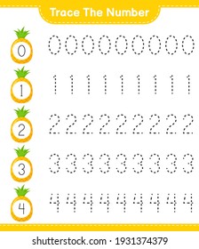 Rastrear el número. Número de seguimiento con piña. Juego infantil educativo, hoja de cálculo imprimible, ilustración vectorial