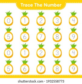 Trace the number. Tracing number with Pineapple. Educational children game, printable worksheet, vector illustration
