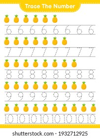 Trace the number. Tracing number with Pineapple. Educational children game, printable worksheet, vector illustration