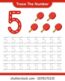 Trace the number. Tracing number with Ping Pong Racket. Educational children game, printable worksheet, vector illustration