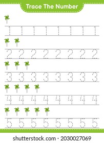 Trace the number. Tracing number with Pinwheels. Educational children game, printable worksheet, vector illustration