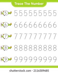 Trace the number. Tracing number with Plane. Educational children game, printable worksheet, vector illustration