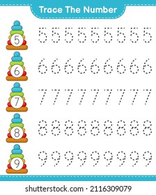Trace the number. Tracing number with Pyramid Toy. Educational children game, printable worksheet, vector illustration