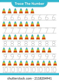 Trace the number. Tracing number with Pyramid Toy. Educational children game, printable worksheet, vector illustration