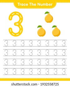 Trace the number. Tracing number with Quince. Educational children game, printable worksheet, vector illustration