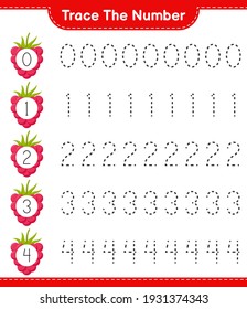 Trace the number. Tracing number with Raspberries. Educational children game, printable worksheet, vector illustration