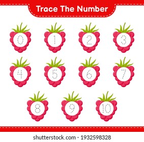 Trace the number. Tracing number with Raspberries. Educational children game, printable worksheet, vector illustration