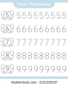 Trace the number. Tracing number with Ribbon. Educational children game, printable worksheet, vector illustration