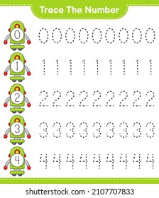 Trace the number. Tracing number with Robot Character. Educational children game, printable worksheet, vector illustration