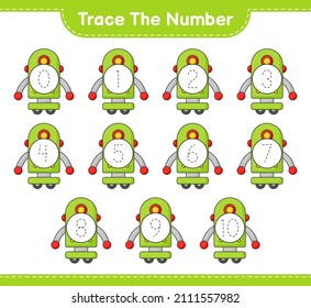 Trace the number. Tracing number with Robot Character. Educational children game, printable worksheet, vector illustration