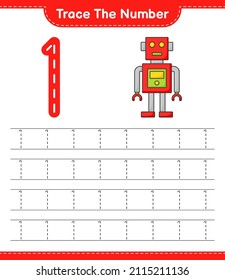 Trace the number. Tracing number with Robot Character. Educational children game, printable worksheet, vector illustration