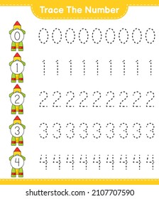 Trace the number. Tracing number with Rocket. Educational children game, printable worksheet, vector illustration