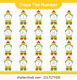 Trace the number. Tracing number with Rocket. Educational children game, printable worksheet, vector illustration