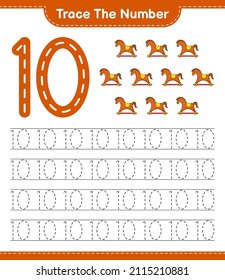 Trace the number. Tracing number with Rocking Horse. Educational children game, printable worksheet, vector illustration