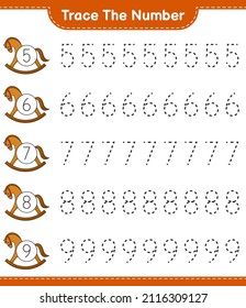 Trace the number. Tracing number with Rocking Horse. Educational children game, printable worksheet, vector illustration
