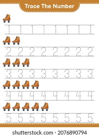 Trace the number. Tracing number with Roller Skate. Educational children game, printable worksheet, vector illustration