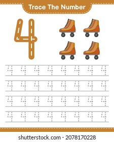 Trace the number. Tracing number with Roller Skate. Educational children game, printable worksheet, vector illustration