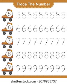 Trace the number. Tracing number with Roller Skate. Educational children game, printable worksheet, vector illustration