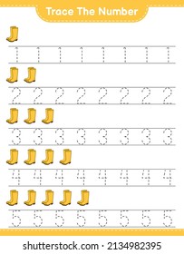 Trace the number. Tracing number with Rubber Boots. Educational children game, printable worksheet, vector illustration