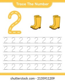 Trace the number. Tracing number with Rubber Boots. Educational children game, printable worksheet, vector illustration