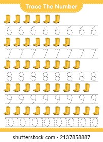 Trace the number. Tracing number with Rubber Boots. Educational children game, printable worksheet, vector illustration