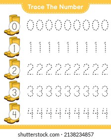Trace the number. Tracing number with Rubber Boots. Educational children game, printable worksheet, vector illustration