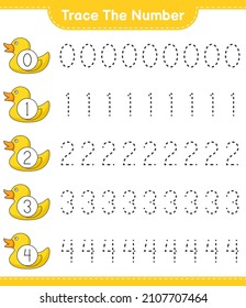 Rastrear el número. Número de seguimiento con Pato de goma. Juego infantil educativo, hoja de cálculo imprimible, ilustración vectorial