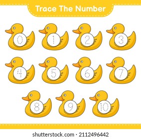 Trace the number. Tracing number with Rubber Duck. Educational children game, printable worksheet, vector illustration