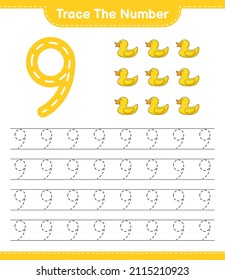 Tragen Sie die Nummer ein. Trainingsnummer mit Rubber Duck. Kinderspiel, druckbares Arbeitsblatt, Vektorgrafik
