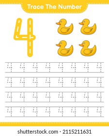 Trace the number. Tracing number with Rubber Duck. Educational children game, printable worksheet, vector illustration