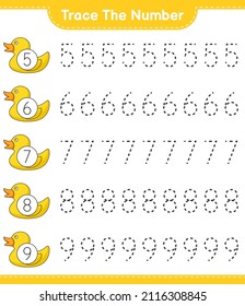Trace the number. Tracing number with Rubber Duck. Educational children game, printable worksheet, vector illustration