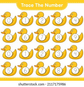 Trace the number. Tracing number with Rubber Duck. Educational children game, printable worksheet, vector illustration