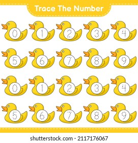Trace the number. Tracing number with Rubber Duck. Educational children game, printable worksheet, vector illustration