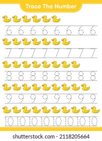 Trace the number. Tracing number with Rubber Duck. Educational children game, printable worksheet, vector illustration