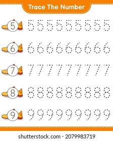 Trace the number. Tracing number with Running Shoes. Educational children game, printable worksheet, vector illustration
