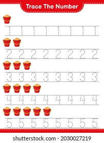 Rastrear el número. Número de seguimiento con el cubo de arena. Juego infantil educativo, hoja de cálculo imprimible, ilustración vectorial