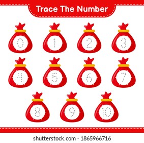 Rastrear el número. Número de seguimiento con la bolsa de Santa Claus. Juego infantil educativo, hoja de cálculo imprimible, ilustración vectorial