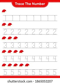 Trace the number. Tracing number with Santa Hat. Educational children game, printable worksheet, vector illustration