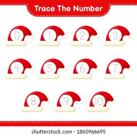 Rastrear el número. Número de seguimiento con Santa Hat. Juego infantil educativo, hoja de cálculo imprimible, ilustración vectorial