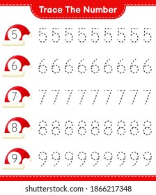 Trace the number. Tracing number with Santa Hat. Educational children game, printable worksheet, vector illustration
