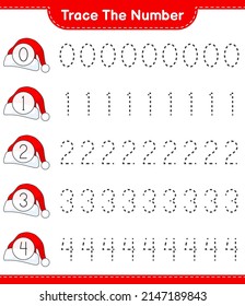 Trace the number. Tracing number with Santa Hat. Educational children game, printable worksheet, vector illustration