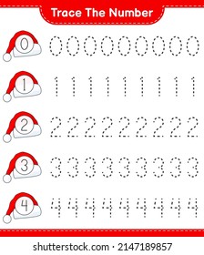 Trace the number. Tracing number with Santa Hat. Educational children game, printable worksheet, vector illustration