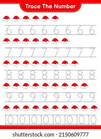 Rastrear el número. Número de seguimiento con Santa Hat. Juego infantil educativo, hoja de cálculo imprimible, ilustración vectorial