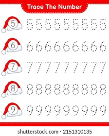 Trace the number. Tracing number with Santa Hat. Educational children game, printable worksheet, vector illustration