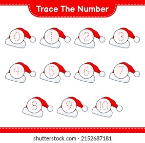 Trace the number. Tracing number with Santa Hat. Educational children game, printable worksheet, vector illustration