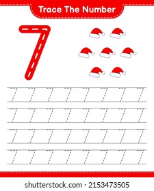 Trace the number. Tracing number with Santa Hat. Educational children game, printable worksheet, vector illustration