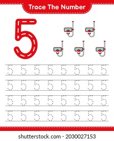 Trace the number. Tracing number with Scuba Diving Mask. Educational children game, printable worksheet, vector illustration